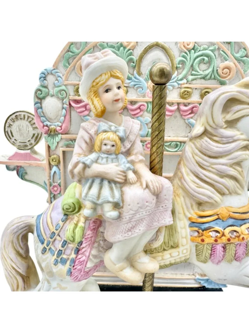Willitts Designs 1987 Carousel Horse Music Box Figurine With Girl & Doll Pastels